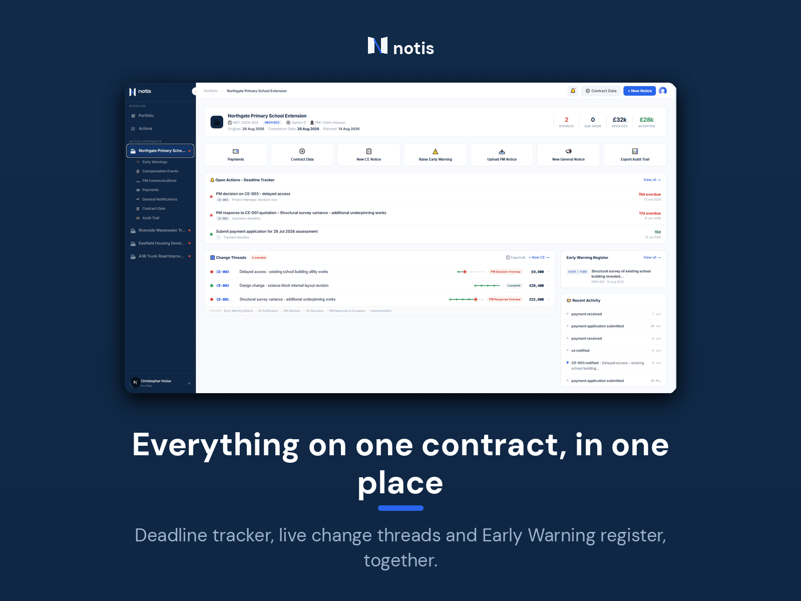 notis contract dashboard — deadline tracker, change threads and Early Warning register together on one contract